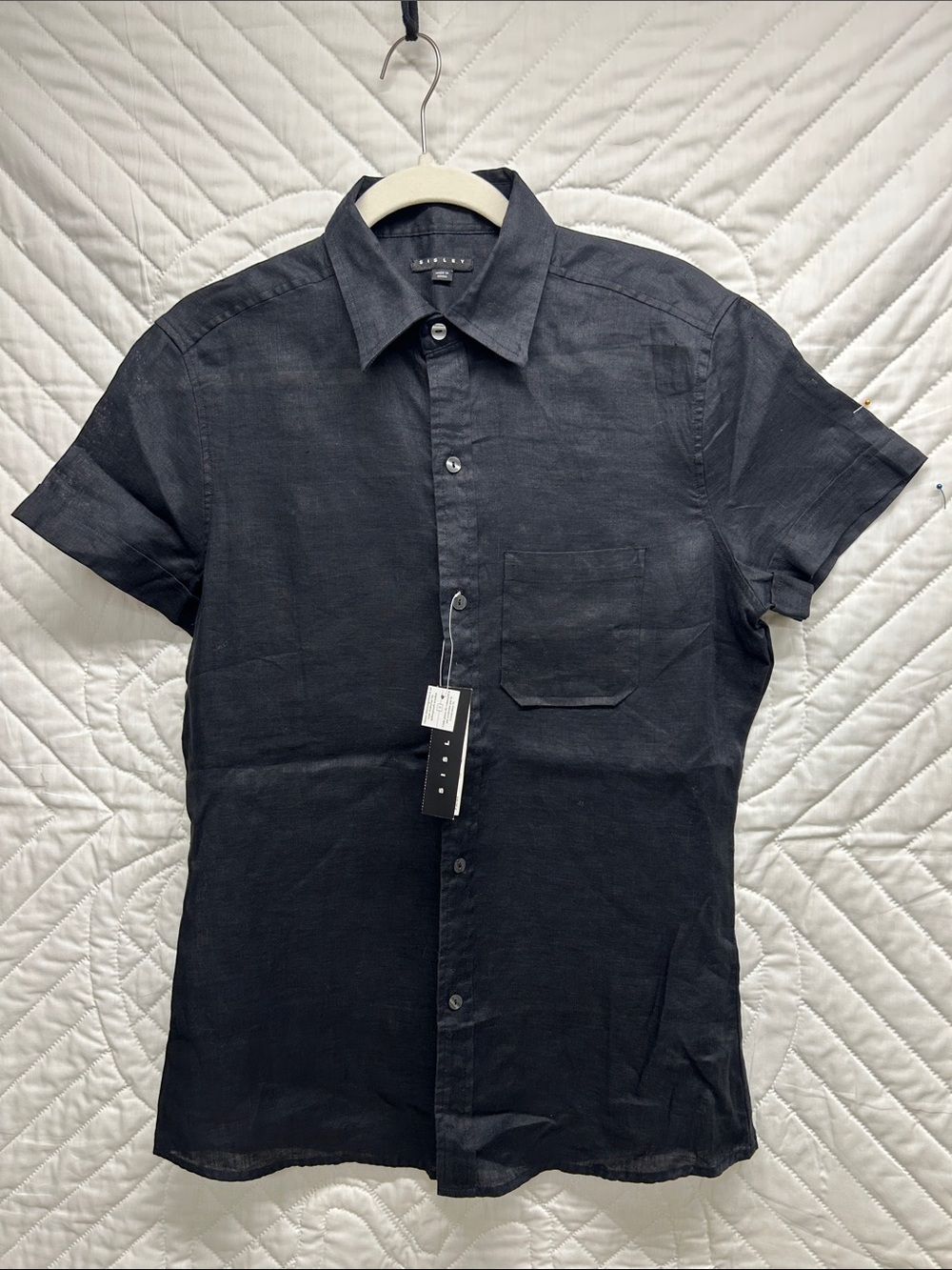 Sisley Men's Black Short-Sleeve Linen Button-Down Shirt